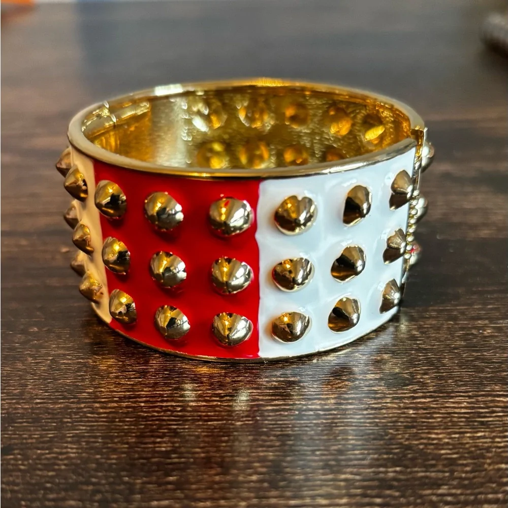 Gold Spike Hinged Cuff Bracelet‎ with Red and White Enamel